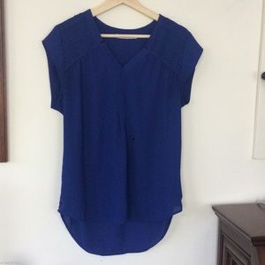 Cobalt blue polyester top with pleated shoulders